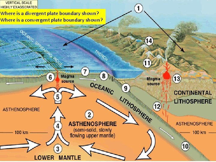 Where is a divergent plate boundary shown? Where is a convergent plate boundary shown?