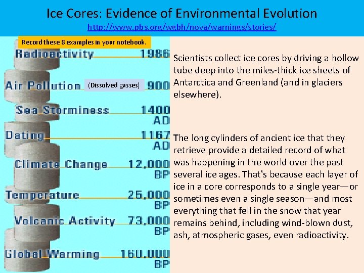 Ice Cores: Evidence of Environmental Evolution http: //www. pbs. org/wgbh/nova/warnings/stories/ Record these 8 examples