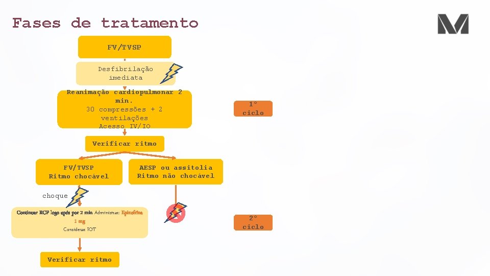 Fases de tratamento FV/TVSP Desfibrilação imediata Reanimação cardiopulmonar 2 min. 30 compressões + 2