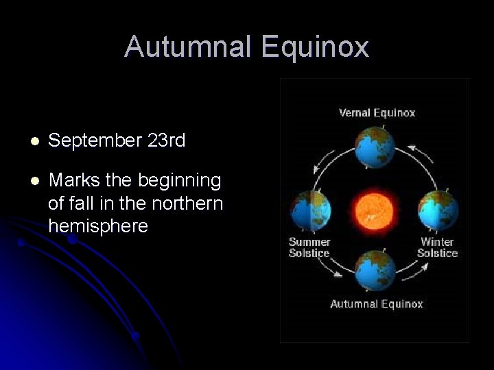 Autumnal Equinox l September 23 rd l Marks the beginning of fall in the