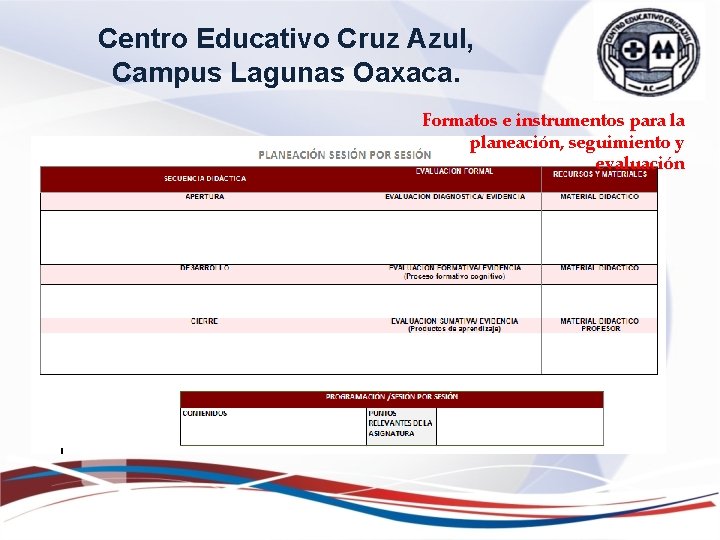 Centro Educativo Cruz Azul, Campus Lagunas Oaxaca. Formatos e instrumentos para la planeación, seguimiento Centro Educativo Cruz Azul, Campus Lagunas Oaxaca. Formatos e instrumentos para la planeación, seguimiento