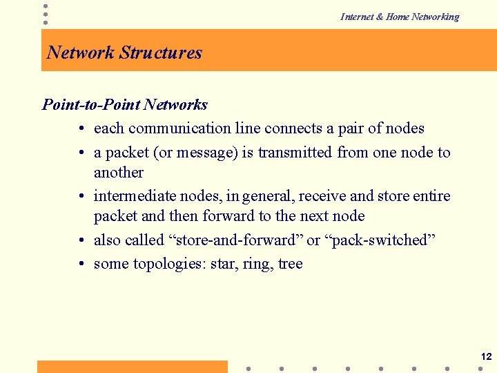 Internet & Home Networking Network Structures Point-to-Point Networks • each communication line connects a