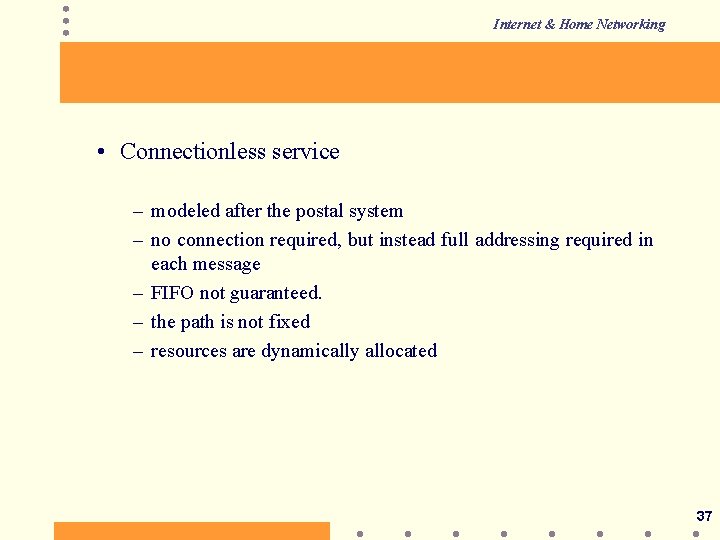 Internet & Home Networking • Connectionless service – modeled after the postal system –