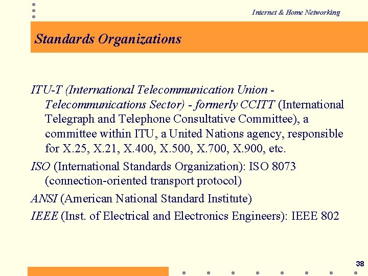 Internet & Home Networking Standards Organizations ITU-T (International Telecommunication Union Telecommunications Sector) - formerly