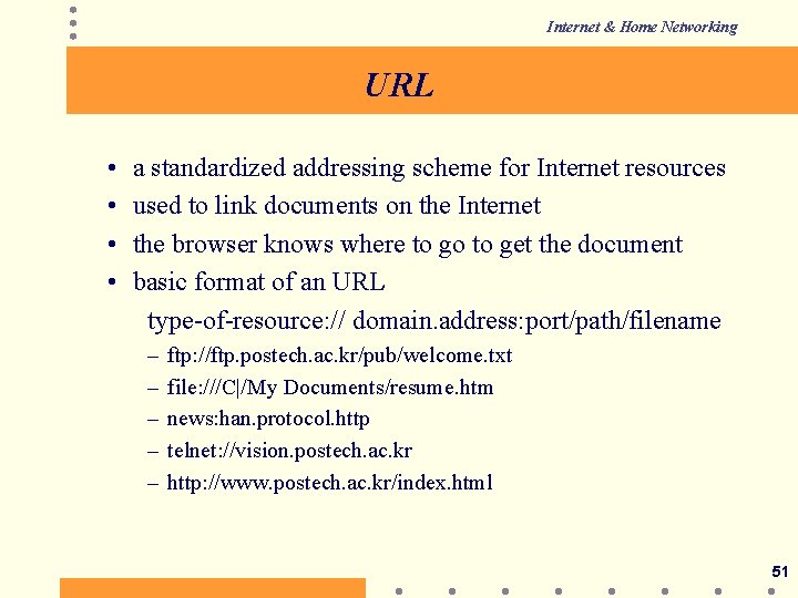 Internet & Home Networking URL • • a standardized addressing scheme for Internet resources