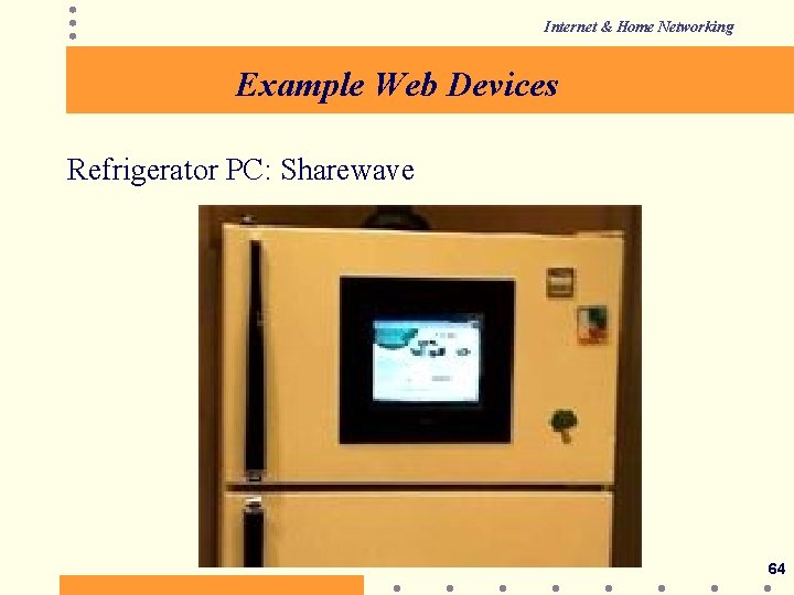 Internet & Home Networking Example Web Devices Refrigerator PC: Sharewave 64 