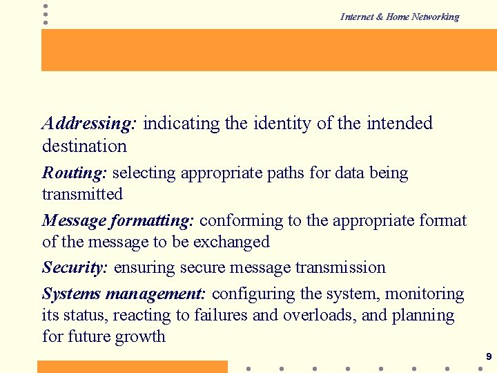 Internet & Home Networking Addressing: indicating the identity of the intended destination Routing: selecting