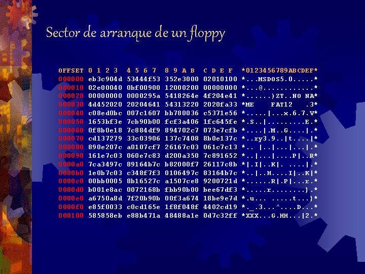 Sector de arranque de un floppy OFFSET 00000010 000020 000030 000040 000050 000060 000070