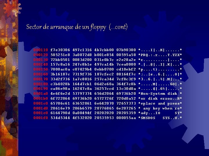 Sector de arranque de un floppy (. . . cont) 000110 000120 000130 000140