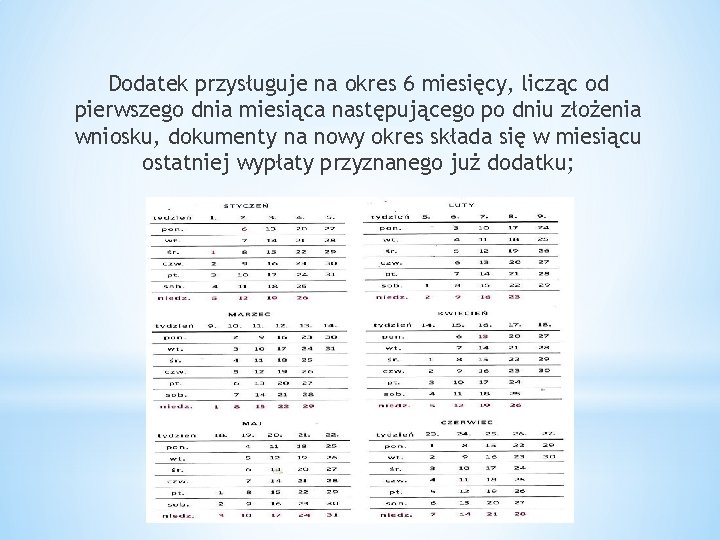Dodatek przysługuje na okres 6 miesięcy, licząc od pierwszego dnia miesiąca następującego po dniu Dodatek przysługuje na okres 6 miesięcy, licząc od pierwszego dnia miesiąca następującego po dniu