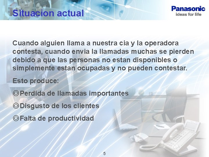 Situacion actual Cuando alguien llama a nuestra cia y la operadora contesta, cuando envia