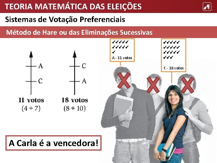 TEORIA MATEMÁTICA DAS ELEIÇÕES Sistemas de Votação Preferenciais Método de Hare ou das Eliminações