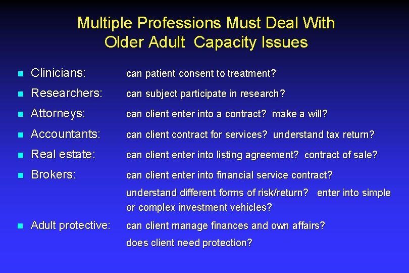Multiple Professions Must Deal With Older Adult Capacity Issues n Clinicians: can patient consent Multiple Professions Must Deal With Older Adult Capacity Issues n Clinicians: can patient consent