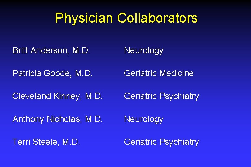 Physician Collaborators Britt Anderson, M. D. Neurology Patricia Goode, M. D. Geriatric Medicine Cleveland Physician Collaborators Britt Anderson, M. D. Neurology Patricia Goode, M. D. Geriatric Medicine Cleveland