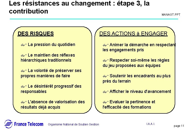 Les résistances au changement : étape 3, la contribution DES RISQUES $ La pression