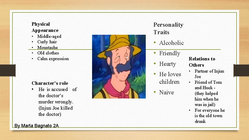 Physical Appearance • • • Middle-aged Curly hair Moustache Old clothes Calm expression Character’s