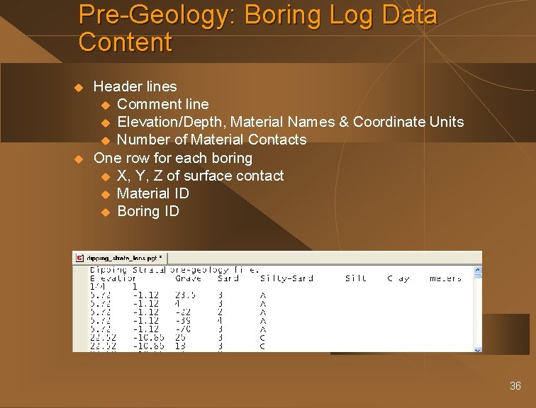 Pre-Geology: Boring Log Data Content u u Header lines u Comment line u Elevation/Depth,