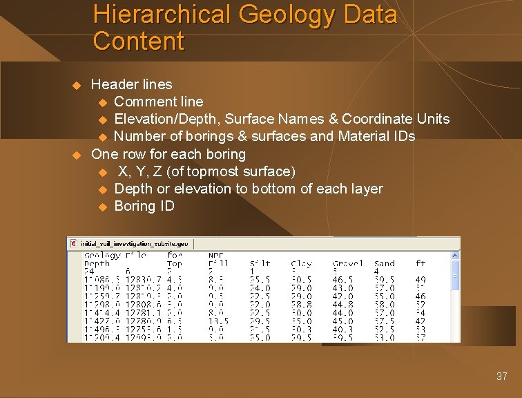 Hierarchical Geology Data Content u u Header lines u Comment line u Elevation/Depth, Surface