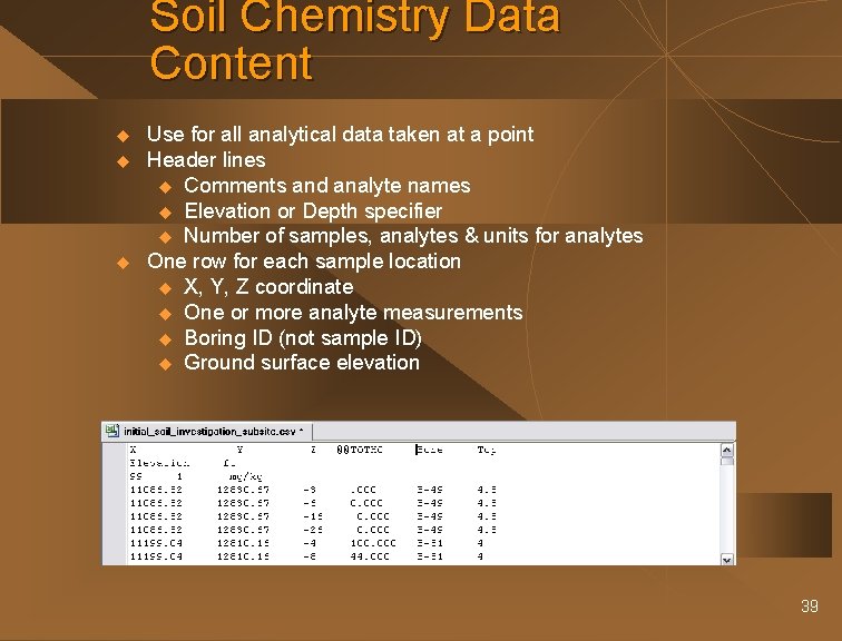 Soil Chemistry Data Content u u u Use for all analytical data taken at