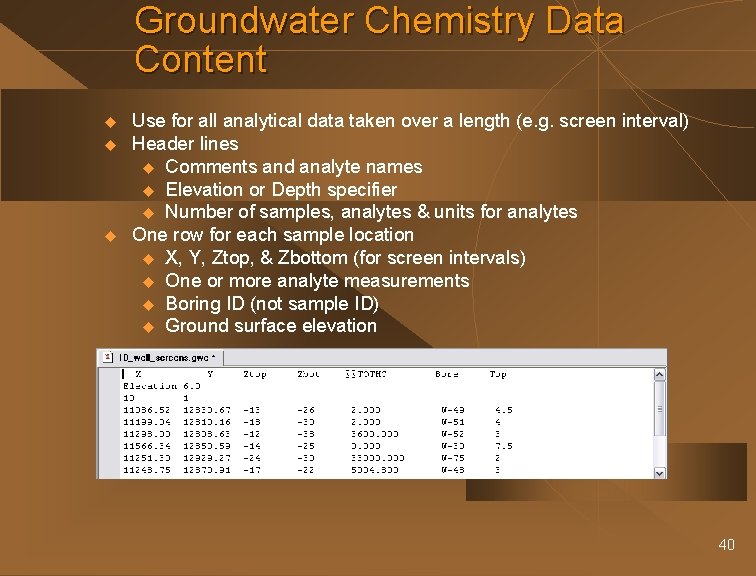 Groundwater Chemistry Data Content u u u Use for all analytical data taken over