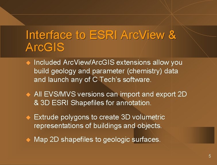 Interface to ESRI Arc. View & Arc. GIS u Included Arc. View/Arc. GIS extensions