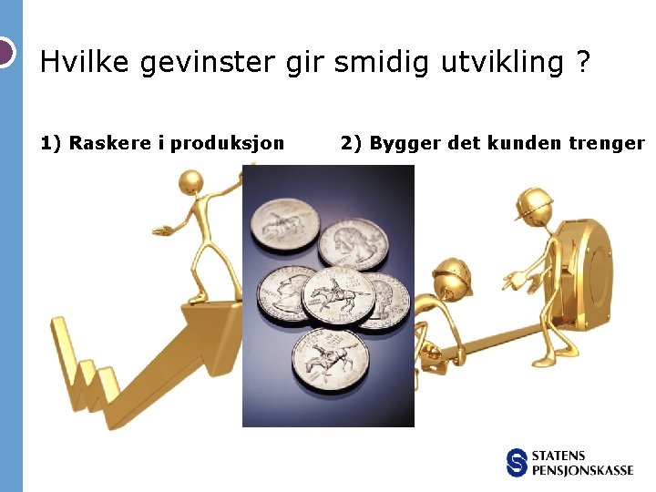 Hvilke gevinster gir smidig utvikling ? 1) Raskere i produksjon 2) Bygger det kunden