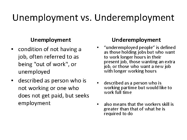 Unemployment vs. Underemployment Unemployment • condition of not having a job, often referred to