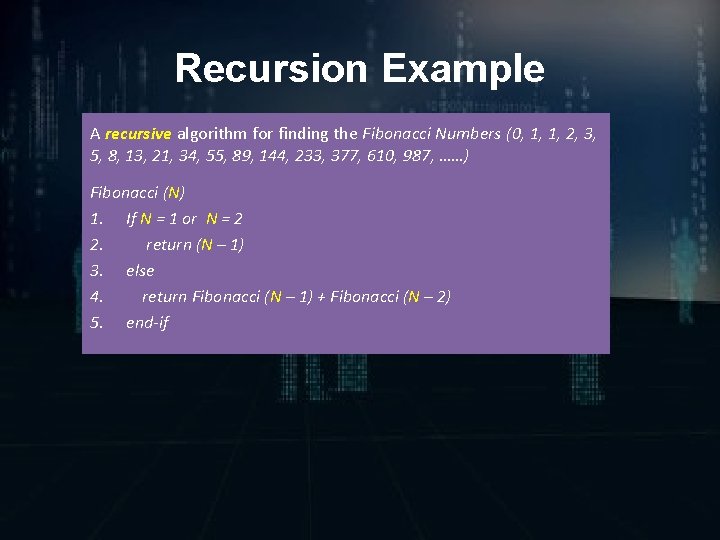 Recursion Example A recursive algorithm for finding the Fibonacci Numbers (0, 1, 1, 2,