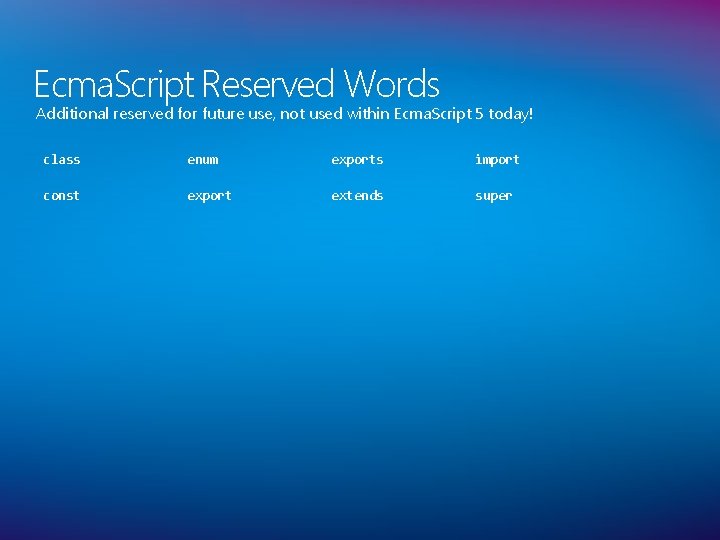 Ecma. Script Reserved Words Additional reserved for future use, not used within Ecma. Script