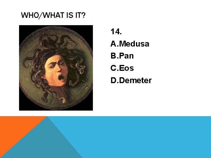 WHO/WHAT IS IT? 14. A. Medusa B. Pan C. Eos D. Demeter 