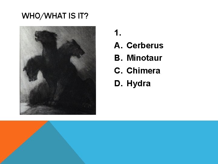 WHO/WHAT IS IT? 1. A. B. C. D. Cerberus Minotaur Chimera Hydra 