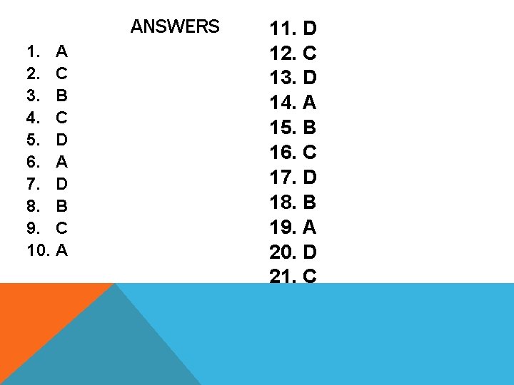 ANSWERS 1. A 2. C 3. B 4. C 5. D 6. A 7.
