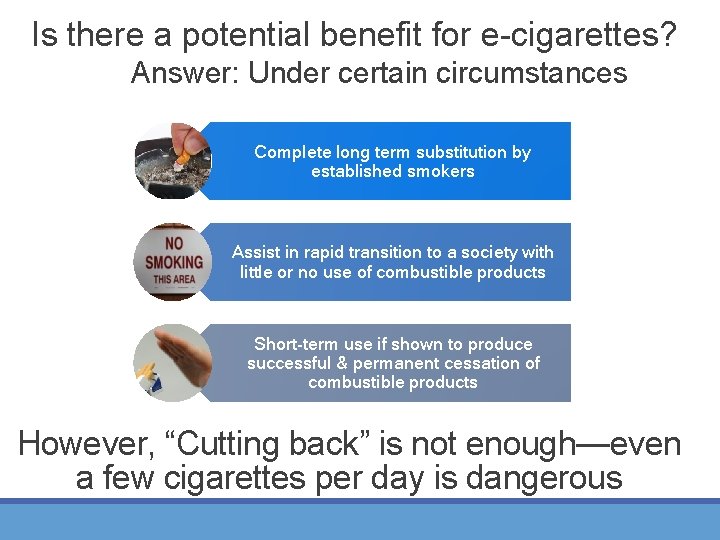 Is there a potential benefit for e-cigarettes? Answer: Under certain circumstances Complete long term