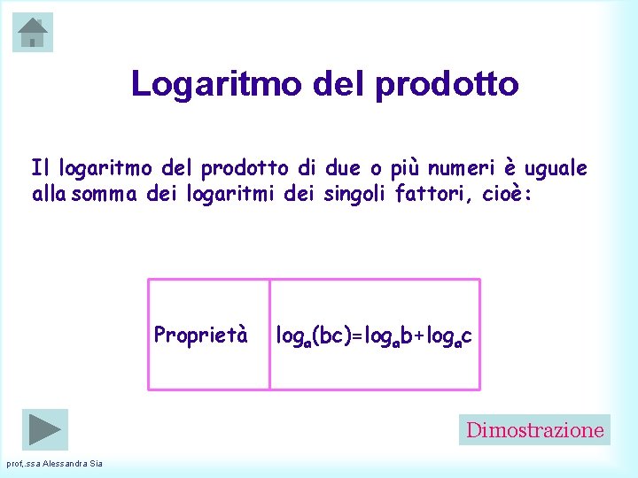 Logaritmo del prodotto Il logaritmo del prodotto di due o più numeri è uguale