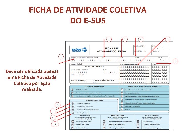 FICHA DE ATIVIDADE COLETIVA DO E-SUS Deve ser utilizada apenas uma Ficha de Atividade FICHA DE ATIVIDADE COLETIVA DO E-SUS Deve ser utilizada apenas uma Ficha de Atividade