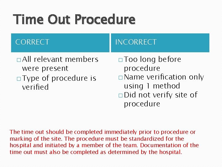 Time Out Procedure CORRECT � All relevant members were present � Type of procedure