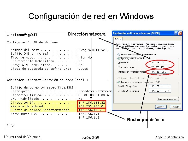 Configuración de red en Windows C: >ipconfig/all Dirección/máscara Configuración IP de Windows Nombre del Configuración de red en Windows C: >ipconfig/all Dirección/máscara Configuración IP de Windows Nombre del