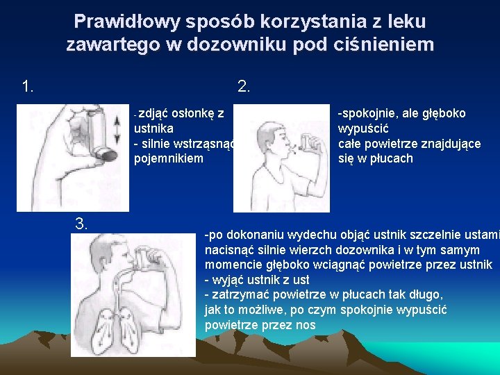 Prawidłowy sposób korzystania z leku zawartego w dozowniku pod ciśnieniem 1. 2. zdjąć osłonkę