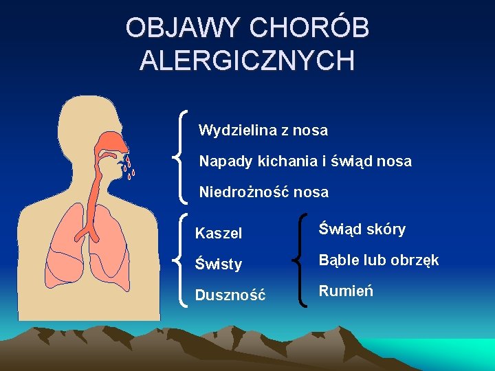 OBJAWY CHORÓB ALERGICZNYCH Wydzielina z nosa Napady kichania i świąd nosa Niedrożność nosa Kaszel