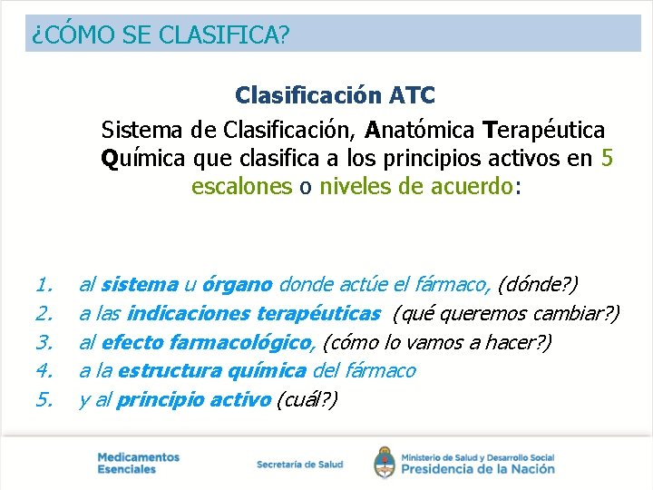 ¿CÓMO SE CLASIFICA? Clasificación ATC Sistema de Clasificación, Anatómica Terapéutica Química que clasifica a