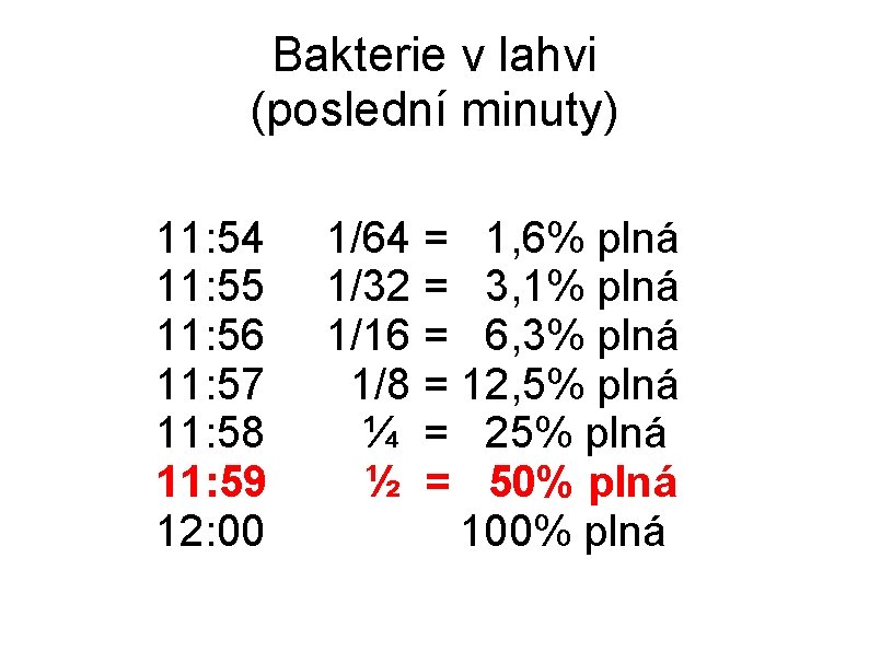 Bakterie v lahvi (poslední minuty) 11: 54 1/64 = 1, 6% plná 11: 55