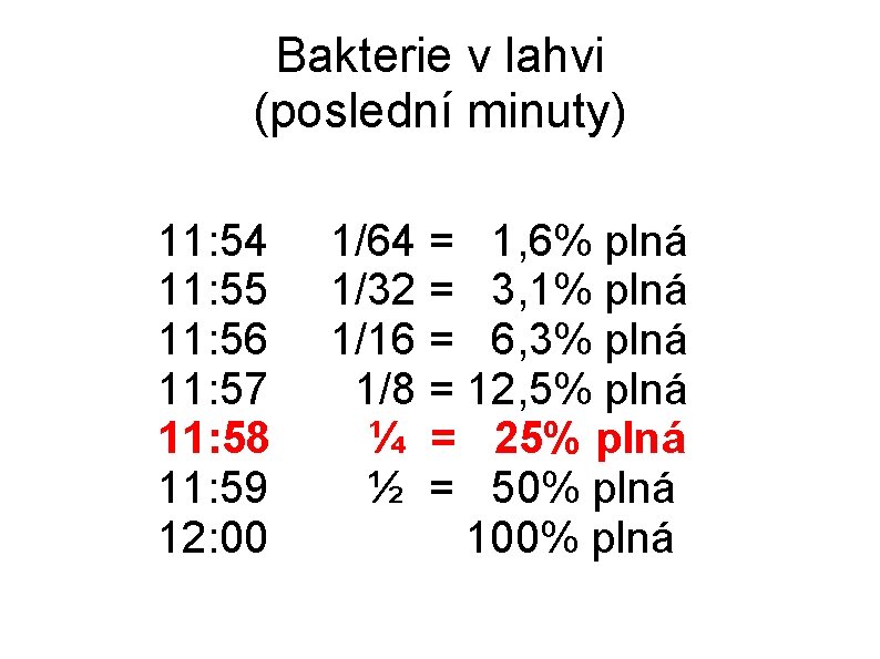 Bakterie v lahvi (poslední minuty) 11: 54 1/64 = 1, 6% plná 11: 55