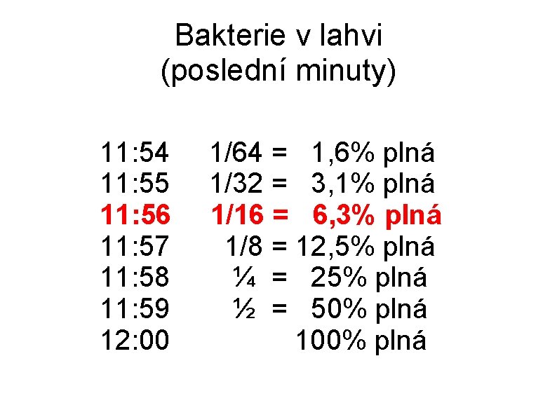Bakterie v lahvi (poslední minuty) 11: 54 1/64 = 1, 6% plná 11: 55