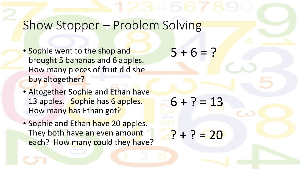 Show Stopper – Problem Solving • Sophie went to the shop and brought 5