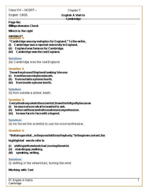 Class VIII – NCERT – English CBSE Chapter 7 English A Visit to Cambridge