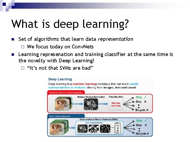 What is deep learning? n n Set of algorithms that learn data representation ¨