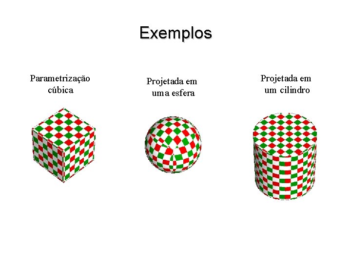 Exemplos Parametrização cúbica Projetada em uma esfera Projetada em um cilindro 