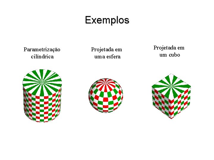 Exemplos Parametrização cilíndrica Projetada em uma esfera Projetada em um cubo 