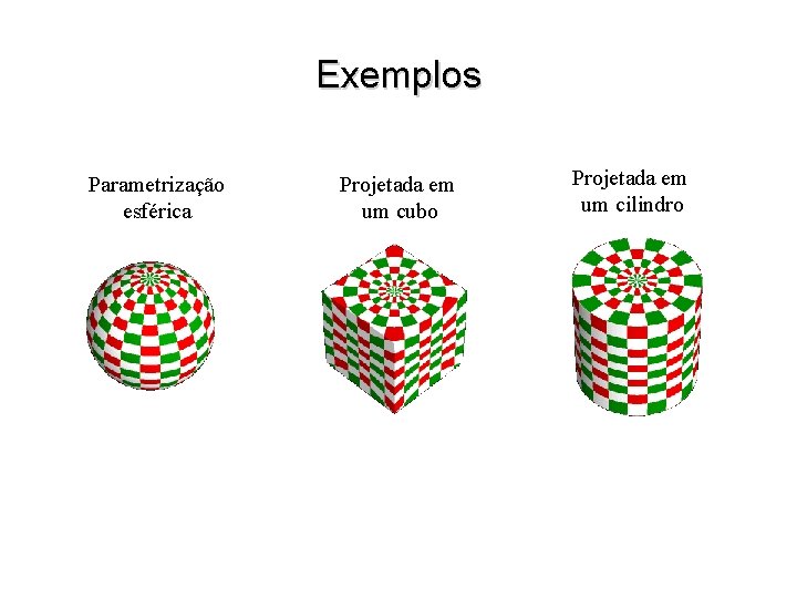 Exemplos Parametrização esférica Projetada em um cubo Projetada em um cilindro 