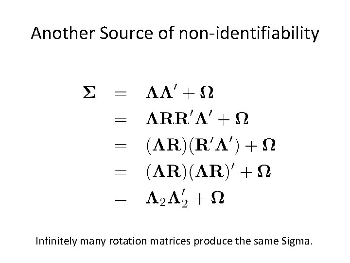 Another Source of non-identifiability Infinitely many rotation matrices produce the same Sigma. 